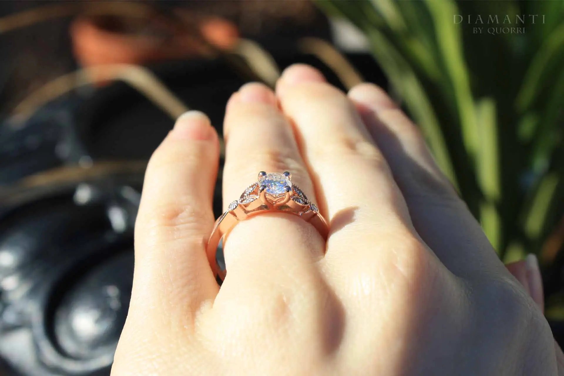 1 carat vintage rose gold accented round lab created diamond engagement ring Quorri