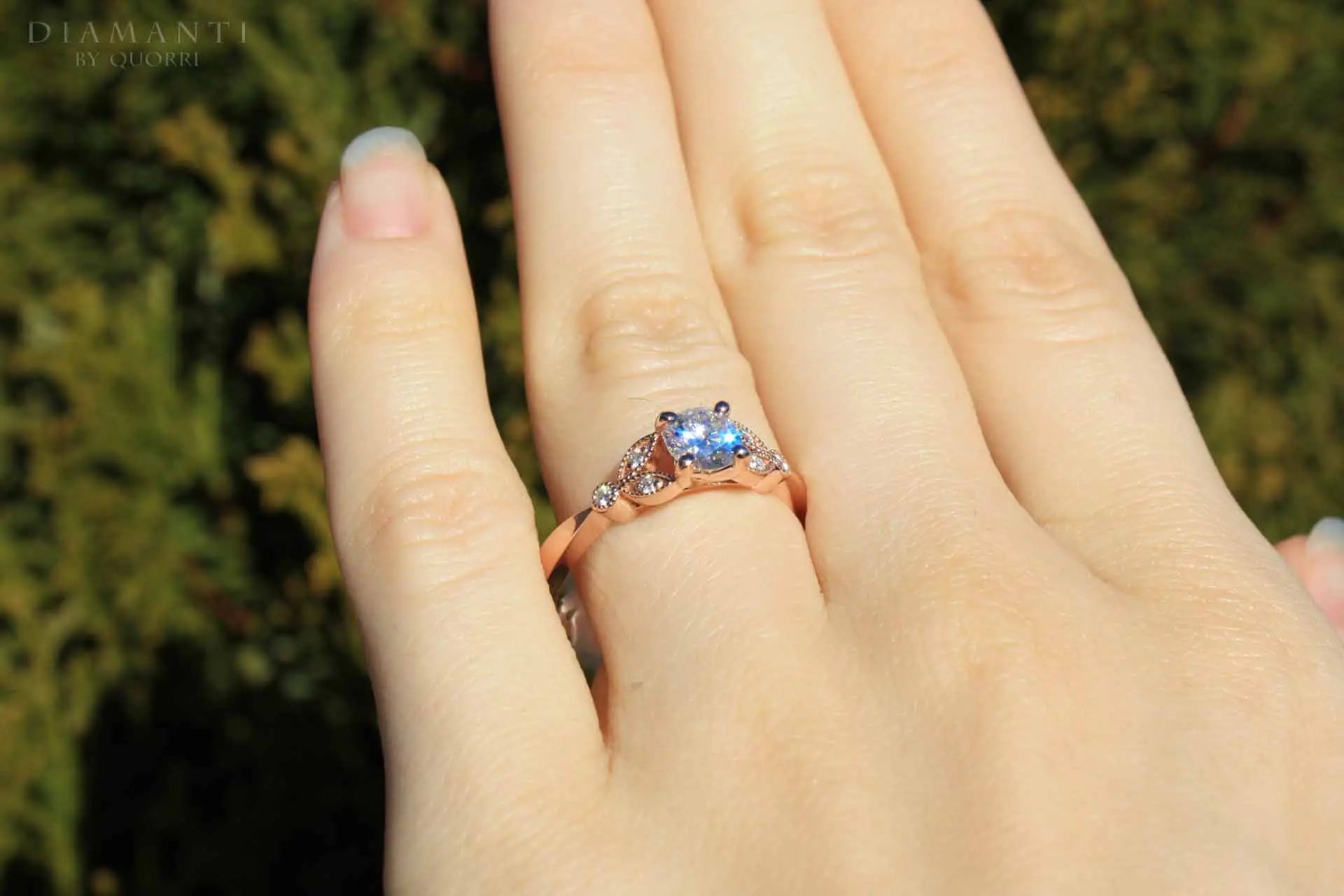 designer vintage rose gold accented 1.50 carat round brilliant lab grown diamond engagement ring Quorri