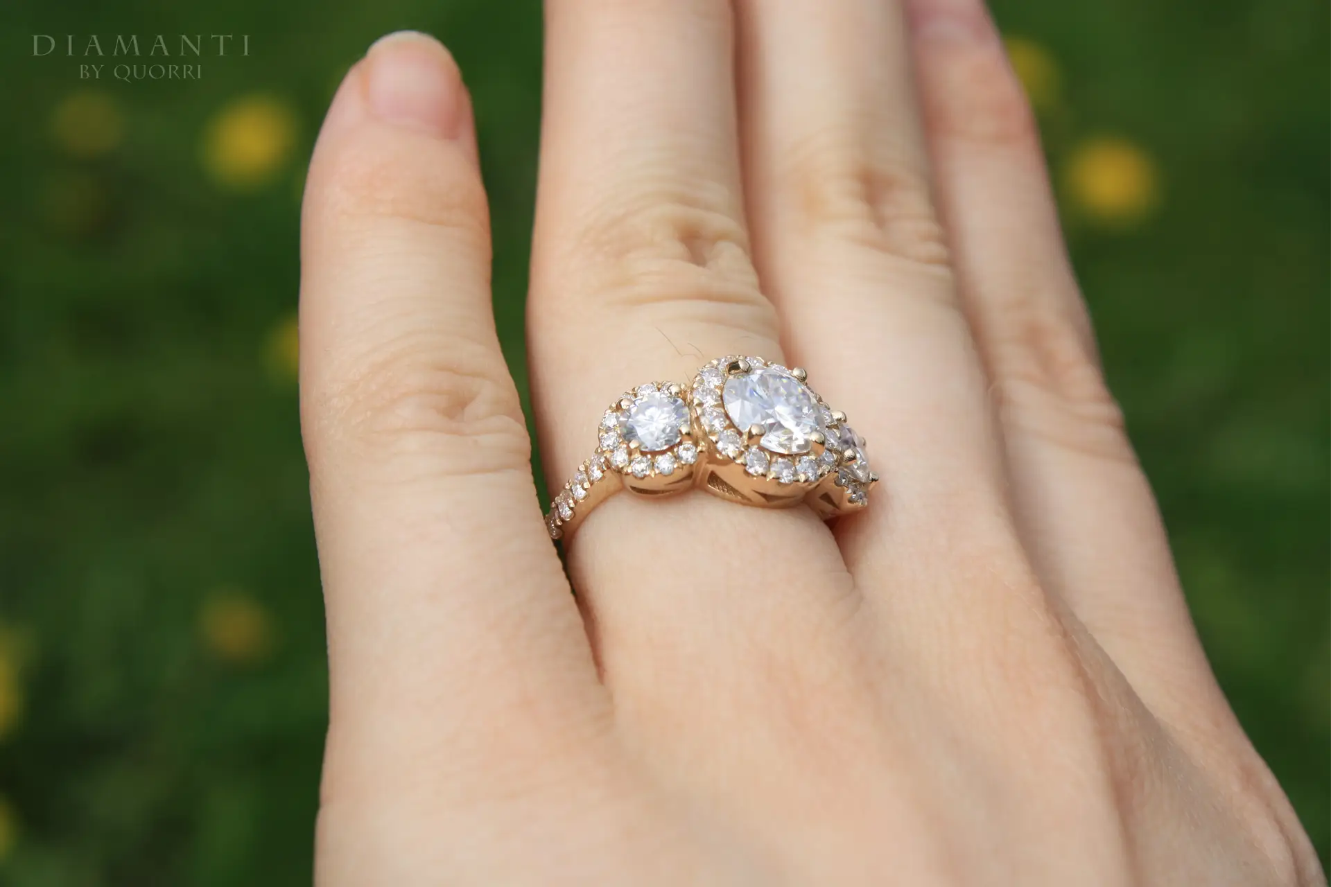 affordable rose gold three stone halo 2 carat round lab diamond engagement ring Quorri