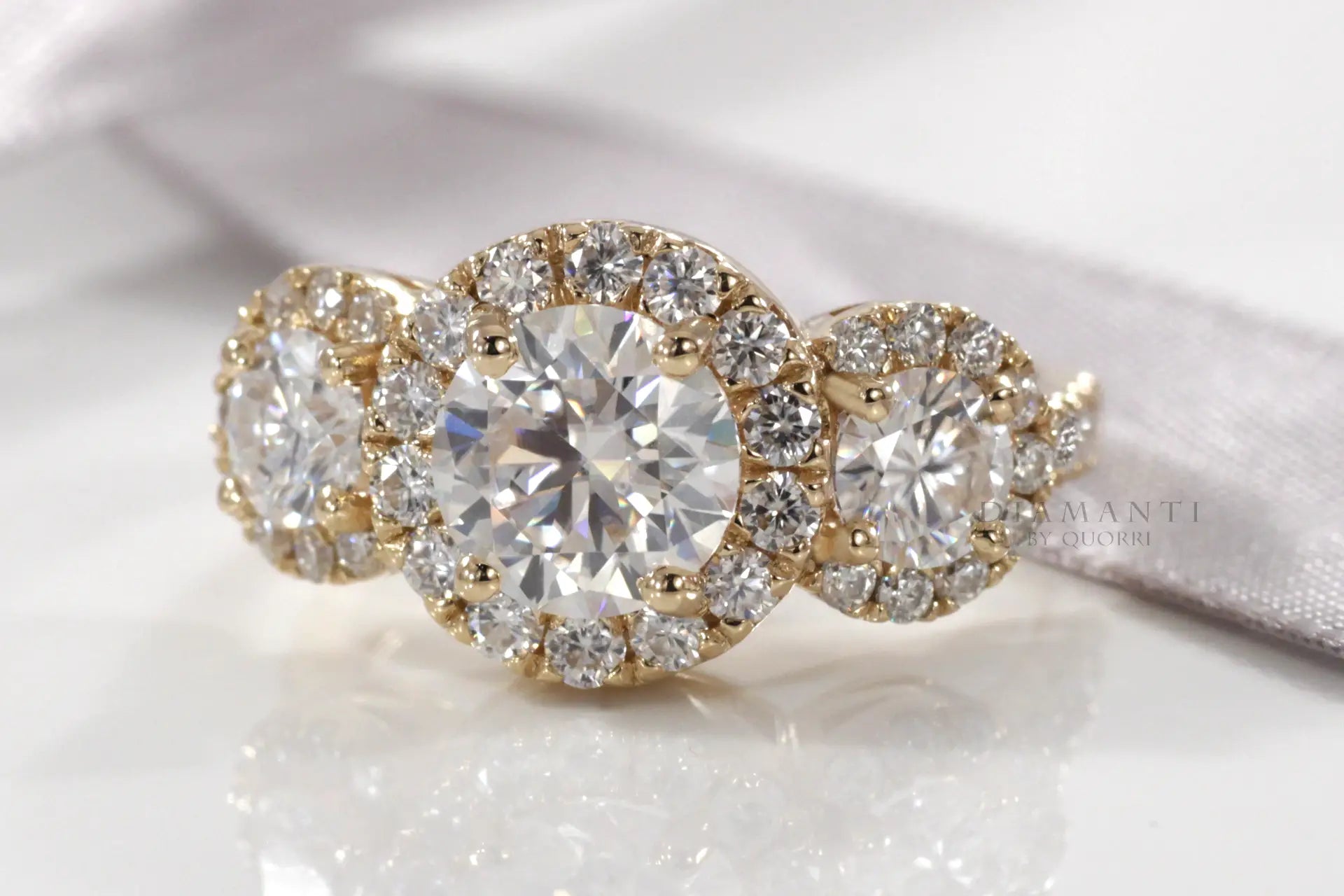 yellow gold three stone halo 3 carat round lab created diamond engagement ring Quorri