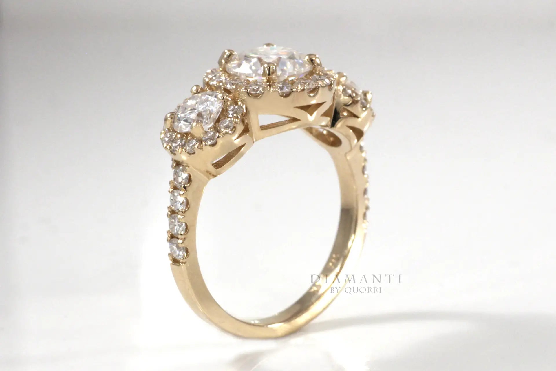 18k yellow gold three stone halo round lab diamond engagement ring Quorri