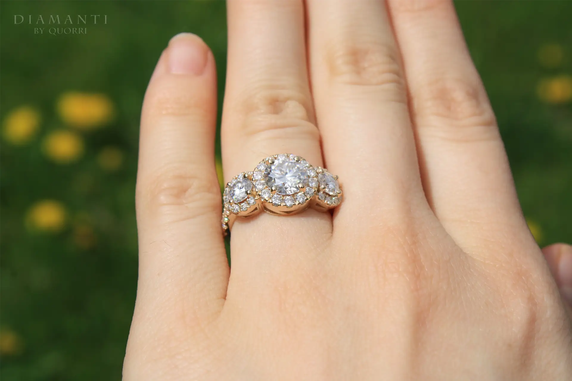 affordable 18k yellow gold three stone halo 1.25 carat round lab grown diamond engagement ring Quorri