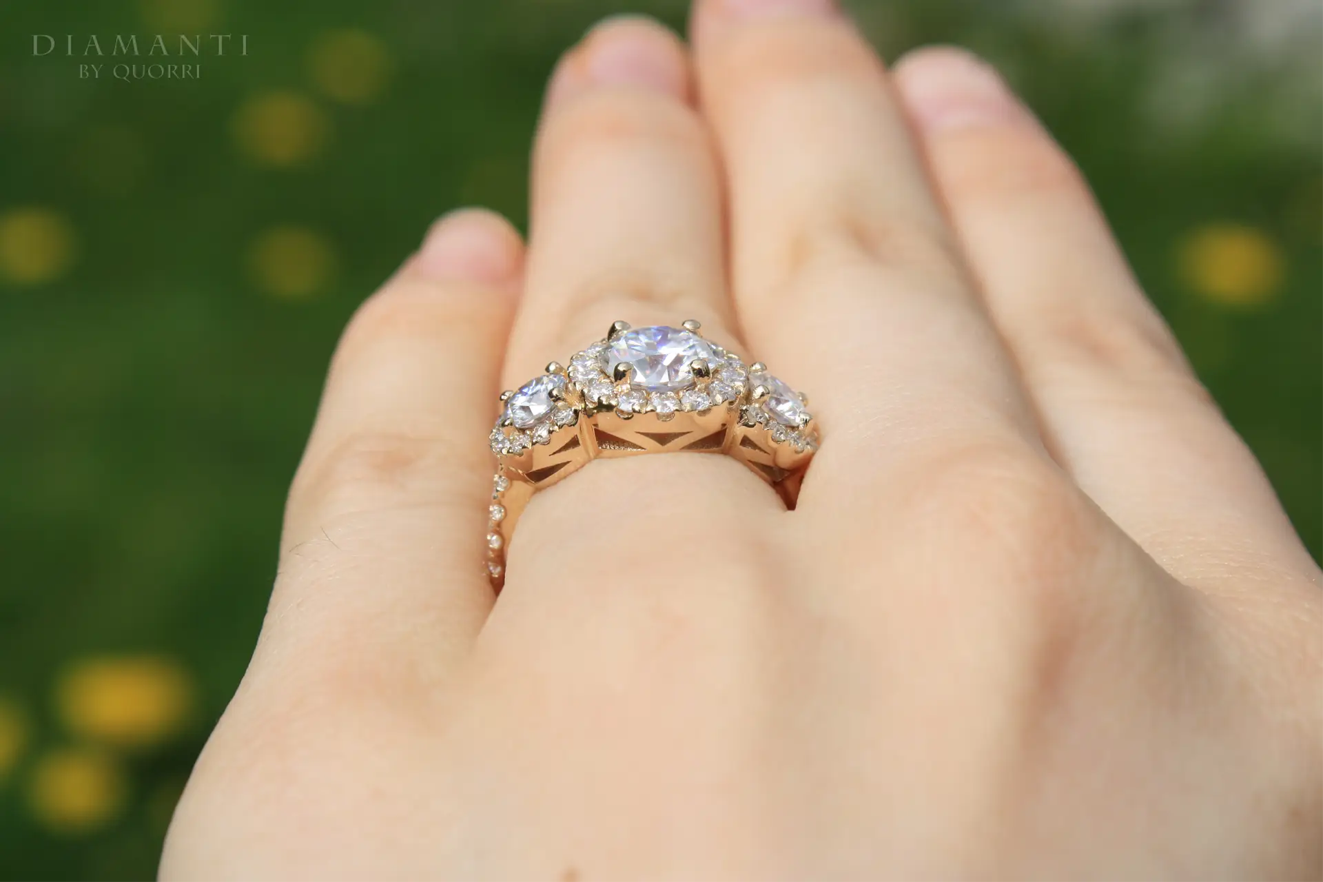 accented designer 14k yellow gold three stone halo 2 carat round lab diamond engagement ring Quorri