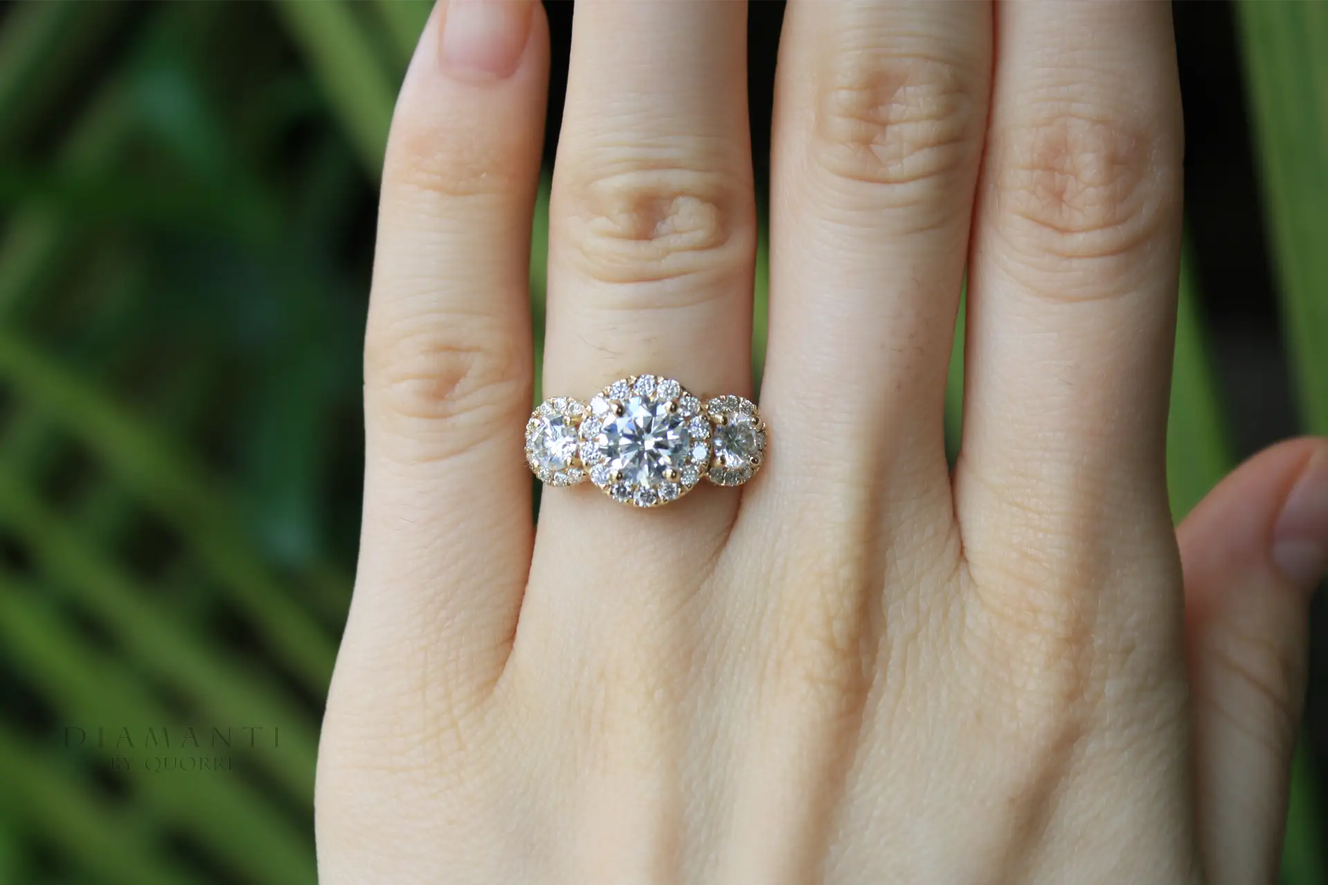 designer affordable 18k yellow gold three stone halo 1.75 carat round lab made diamond engagement ring Quorri