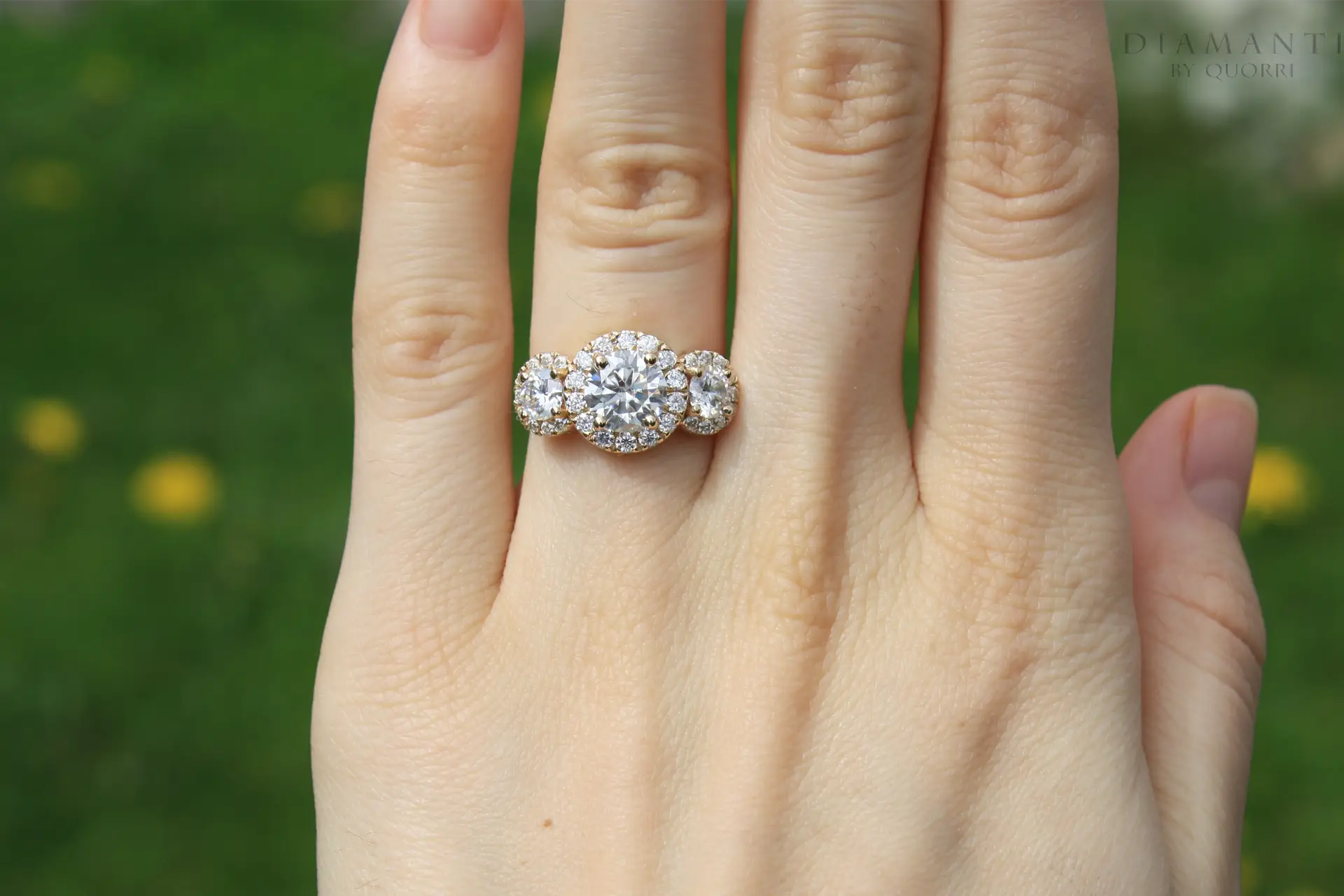 affordable designer 14k yellow gold three stone halo 1.5 carat round brilliant lab diamond engagement ring Quorri