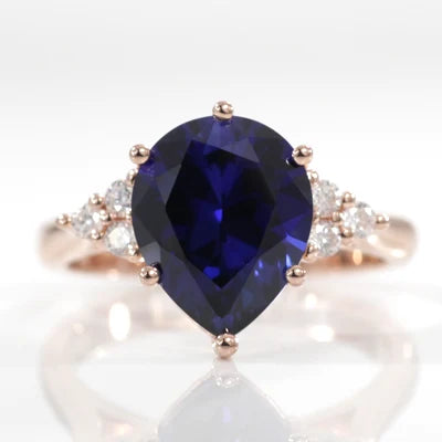 18k yellow gold 3 carat pear lab grown blue sapphire and white diamond solitaire engagement ring Quorri