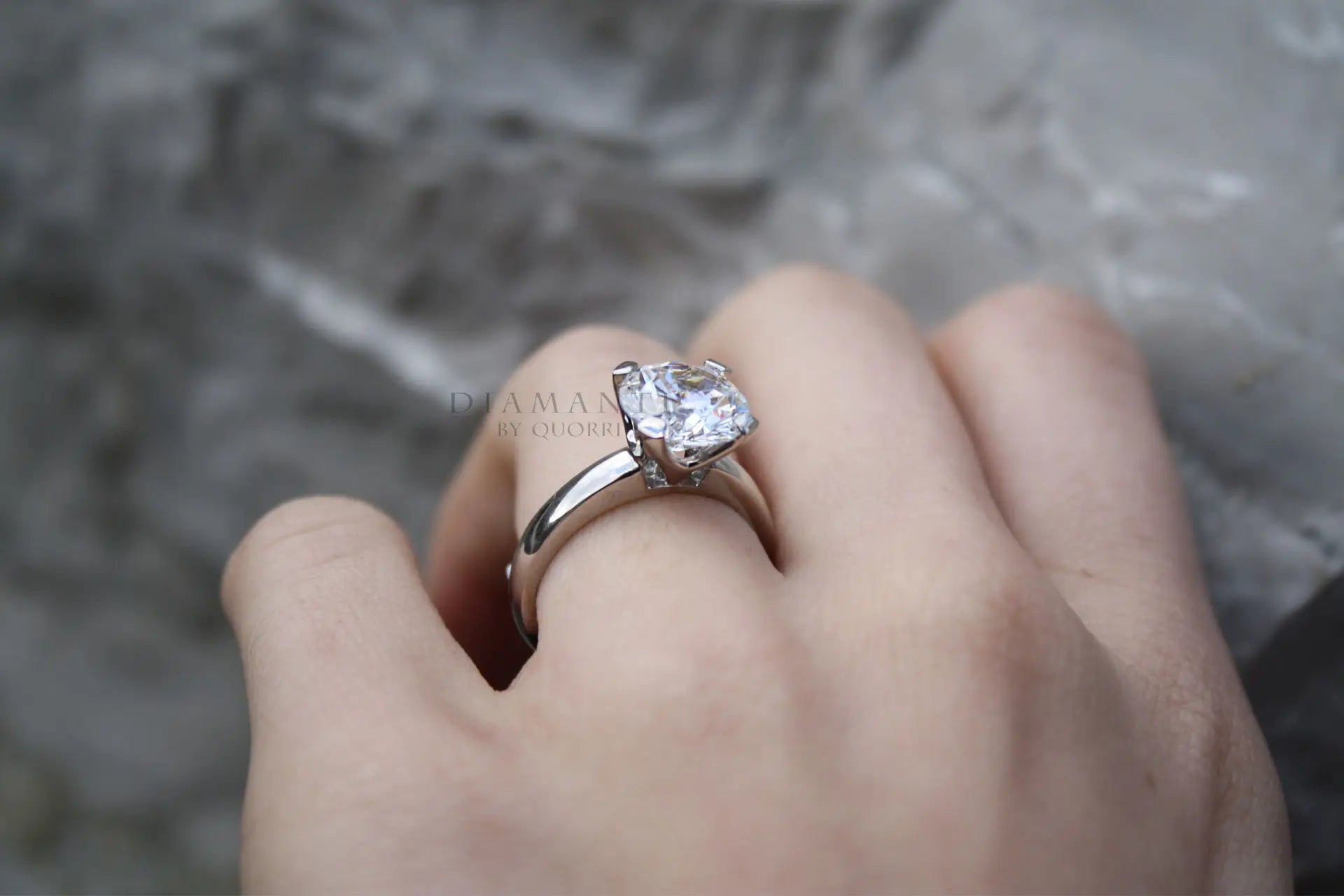 3 carat affordable four prong round brilliant lab diamond solitaire engagement ring Quorri Canada