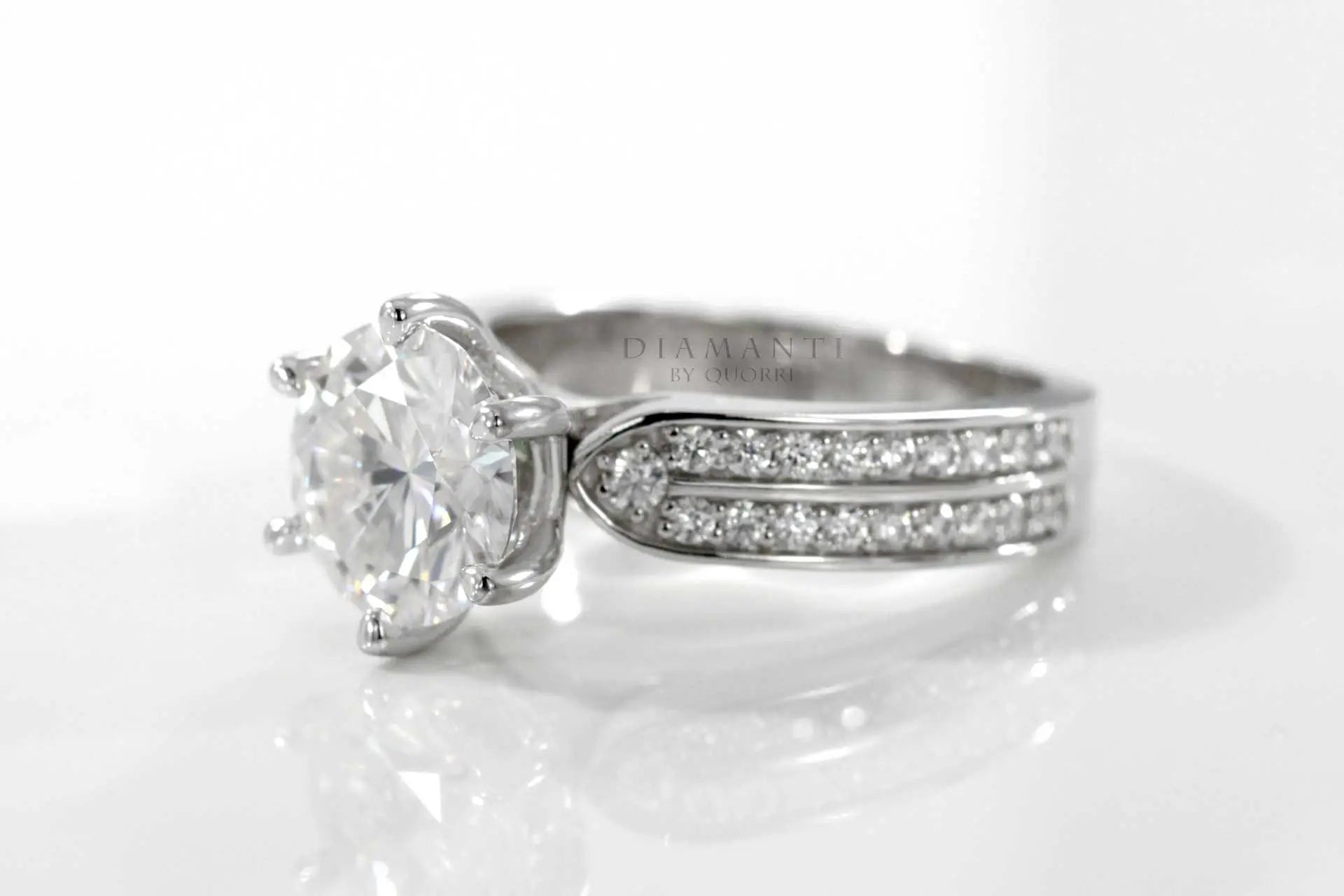platinum six prong dual row band round lab diamond engagement ring
