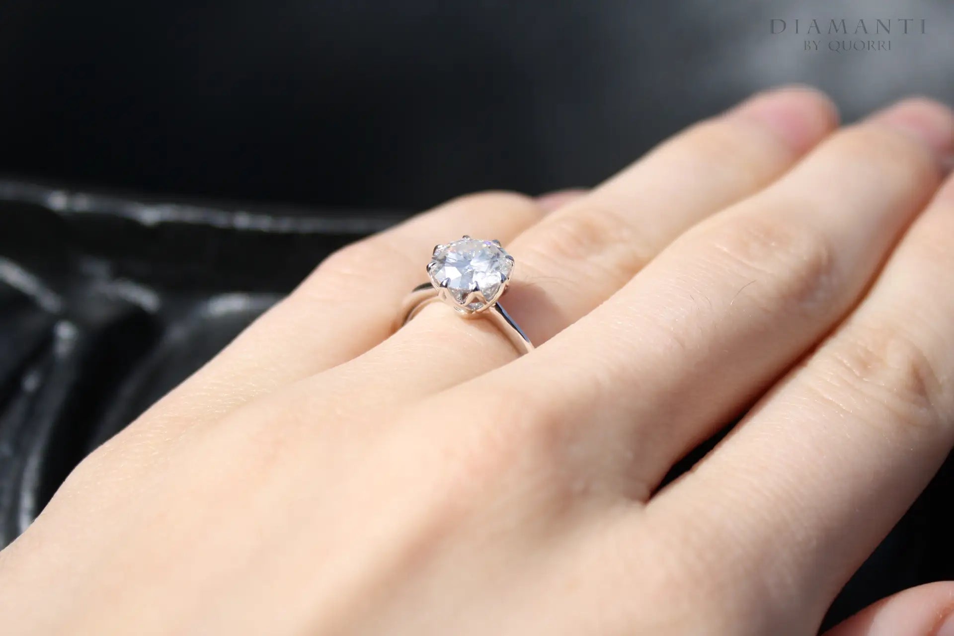  eight prong crown petal design round lab made diamond solitaire engagement ring