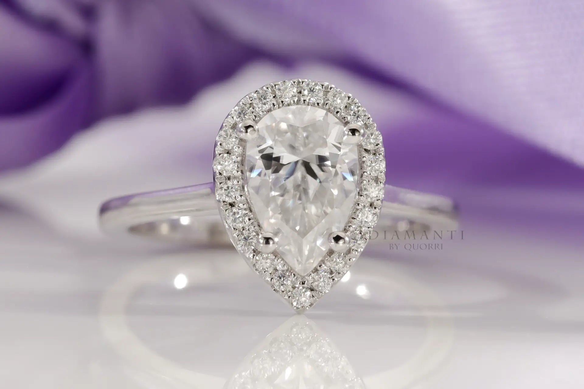 low cost 14k white gold pear halo lab diamond engagement ring Quorri Canada