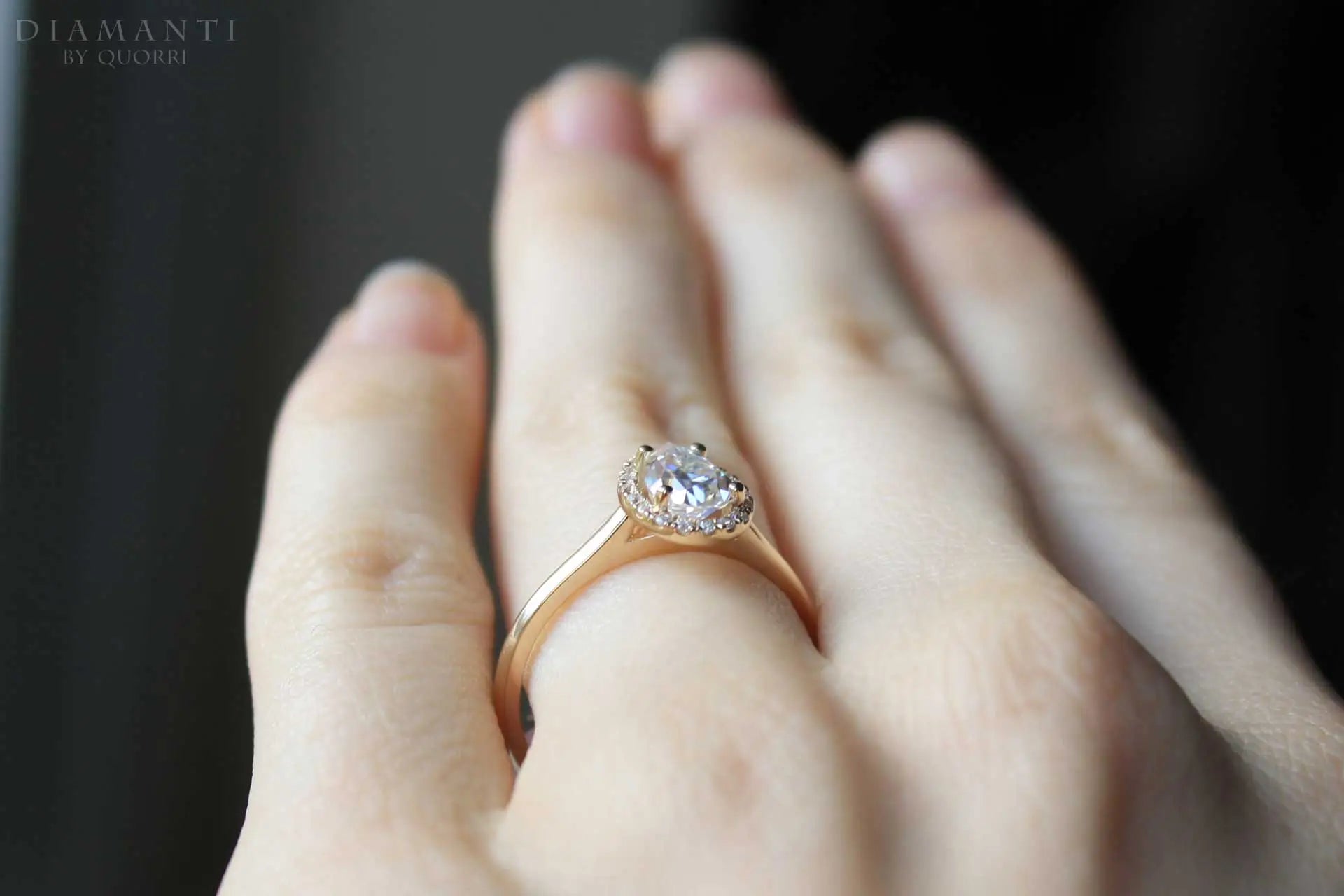 1.5ct yellow gold pear halo lab diamond engagement ring Quorri Canada