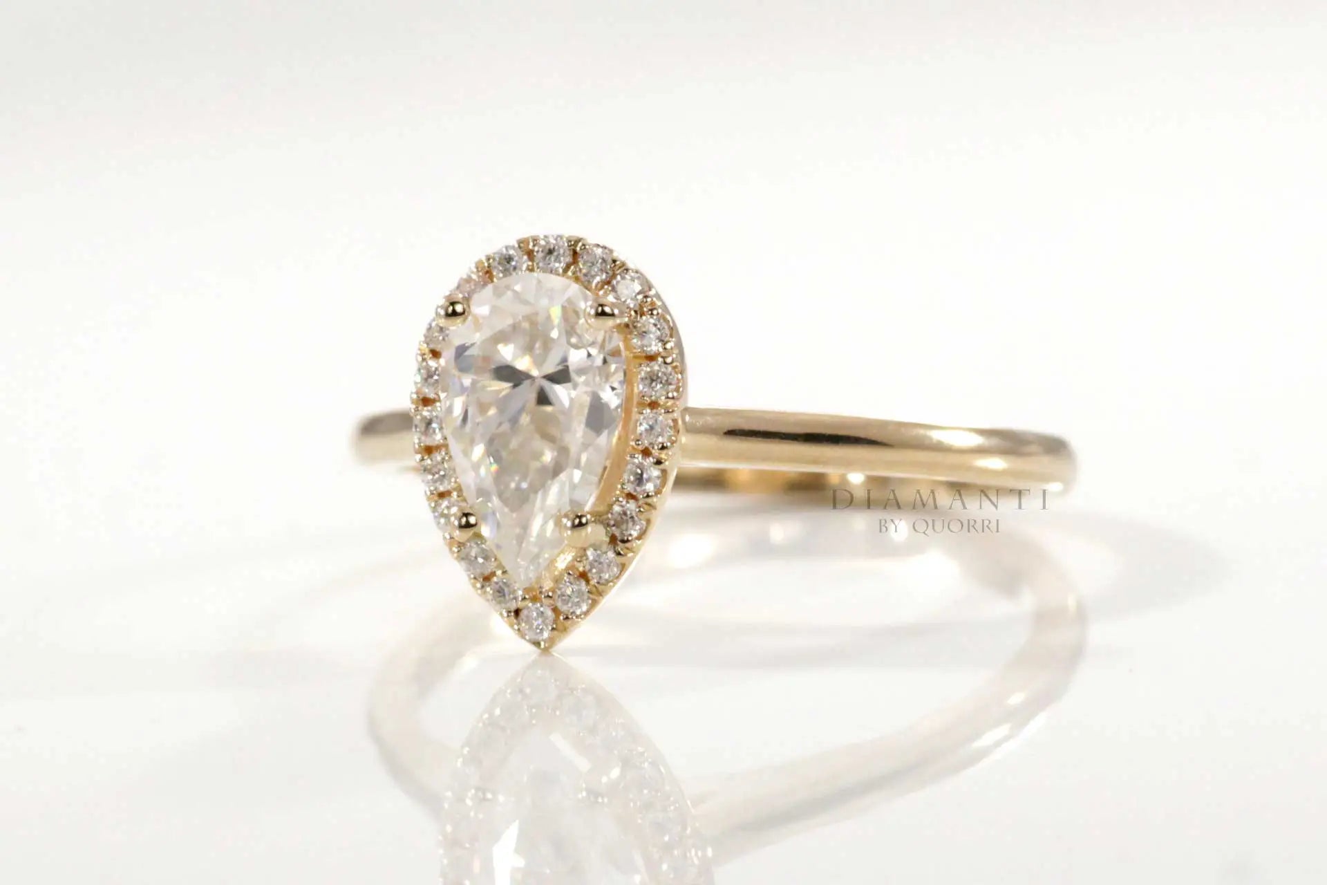 yellow gold 2ct pear halo lab grown diamond engagement ring Quorri Canada