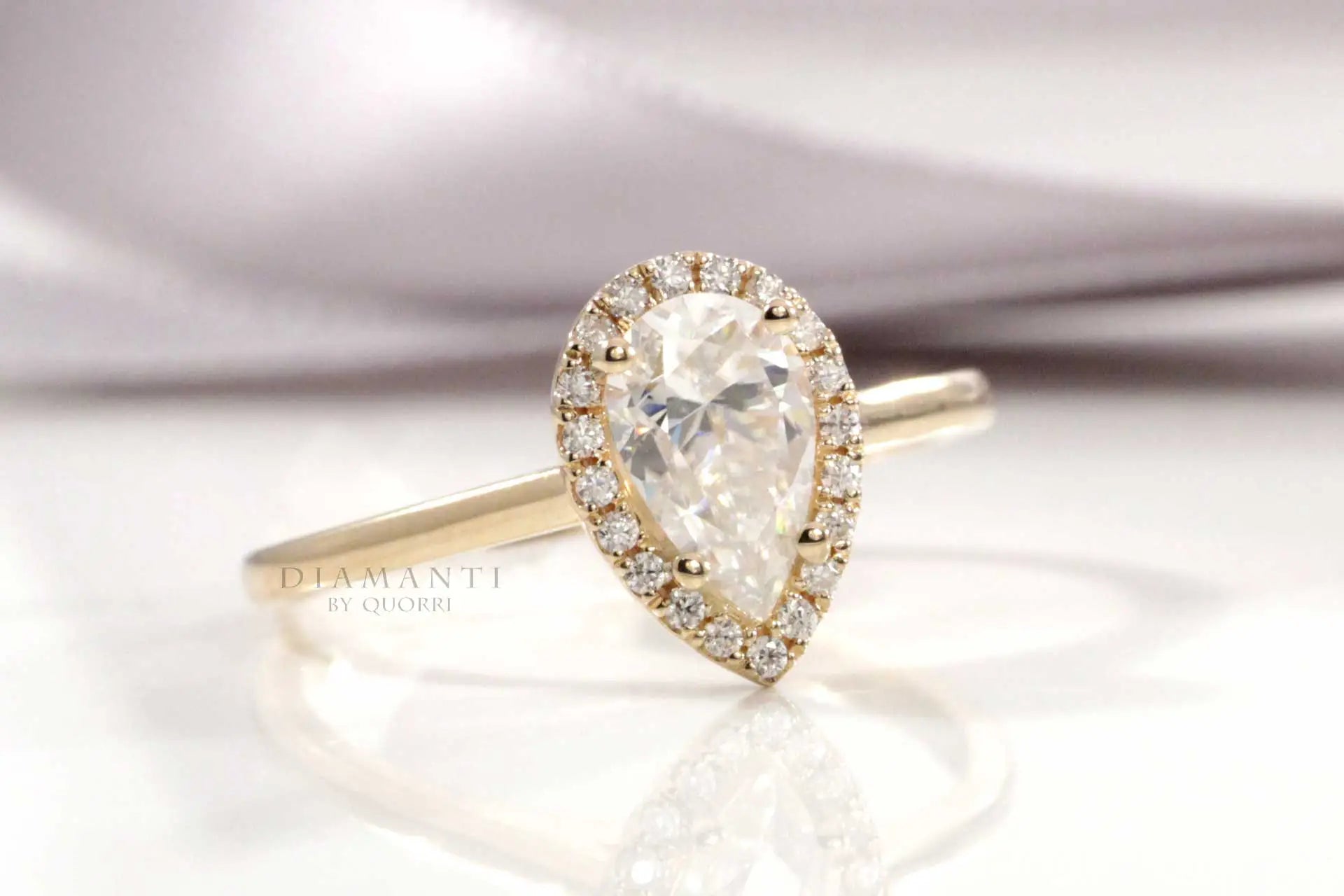 18k yellow gold pear halo lab created diamond engagement ring Quorri Canada