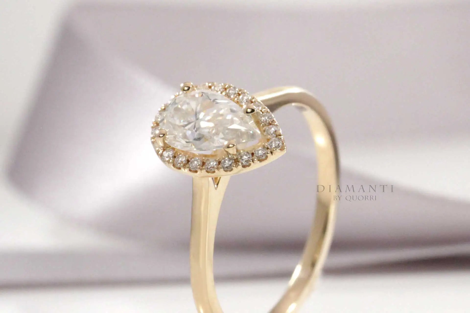 2ct yellow gold pear halo lab diamond engagement ring Quorri Canada
