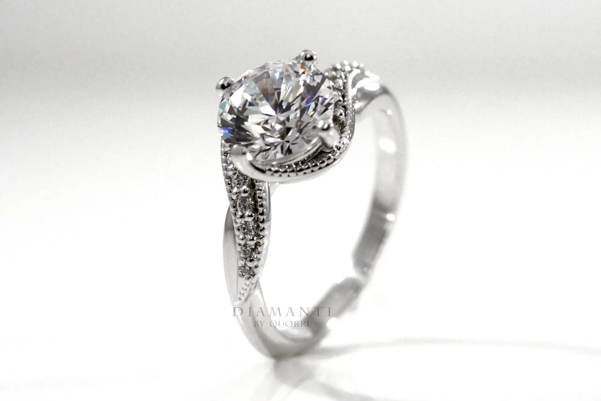 18k white gold swirl hidden-halo 2.5 carat round lab diamond engagement ring Quorri