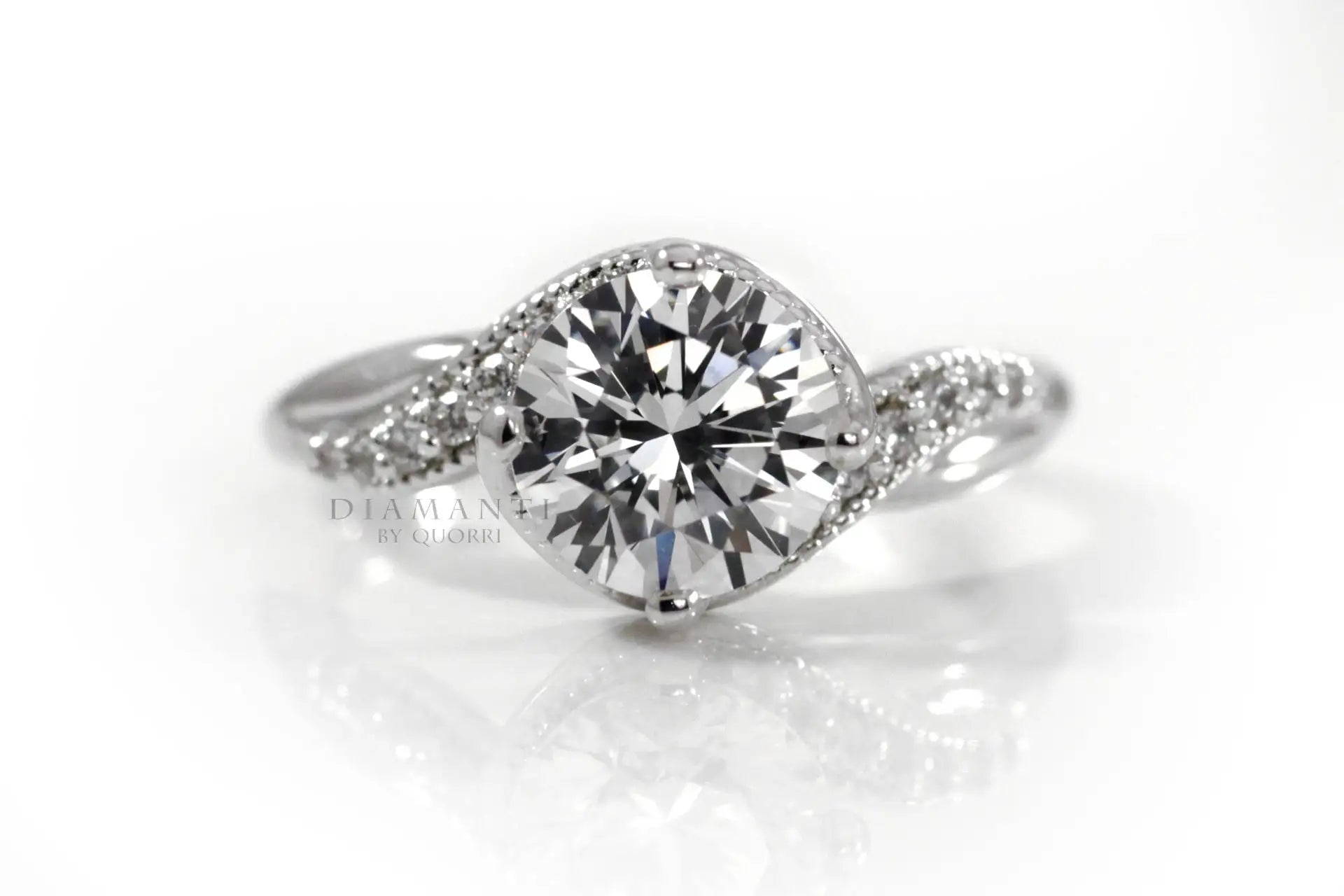 white gold swirl hidden-halo 2 carat round lab diamond engagement ring Quorri