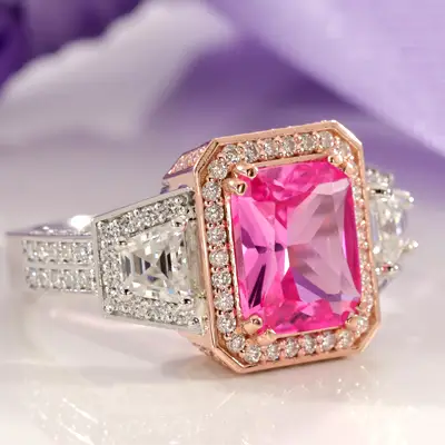 two-tone gold pink diamond sapphire halo lab diamond engagement ring