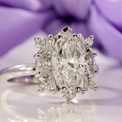 custom marquise baguette and pear halo lab diamond engagement ring