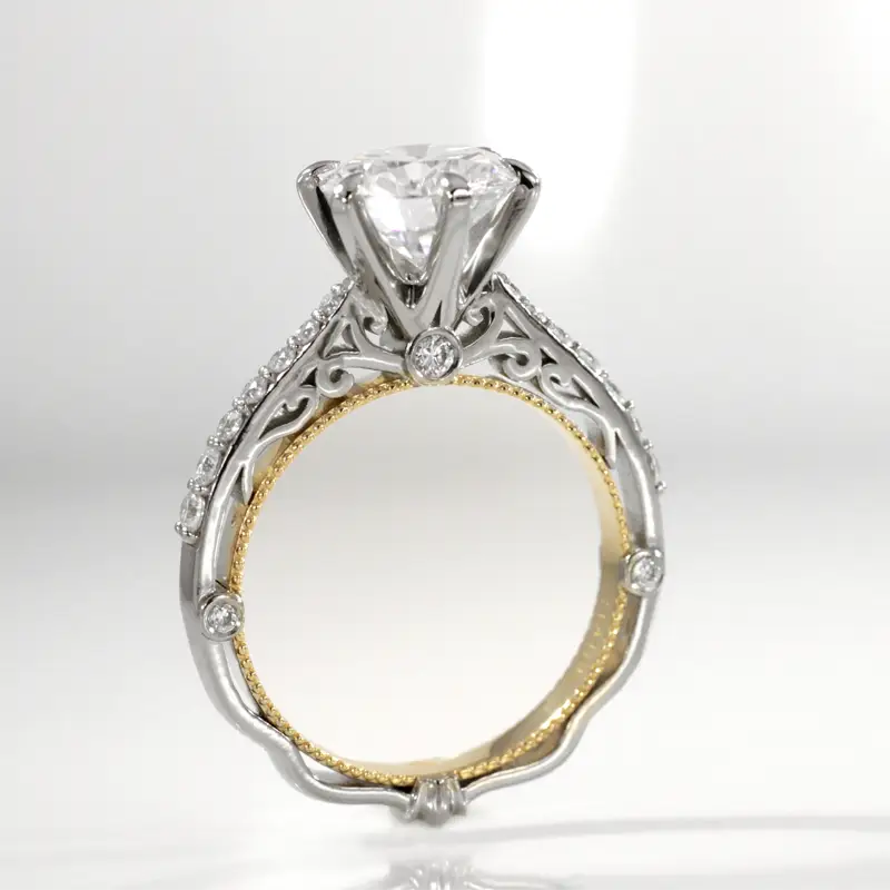 tacori style two-tone mill-grain and engraved round lab diamond engagement ring