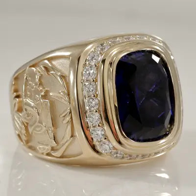 yellow gold blue sapphire and white diamond mens ring Quorri