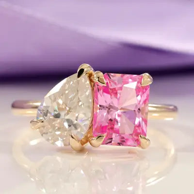 yellow gold lab diamond pear and pink sapphire cocktail ring  Quorri