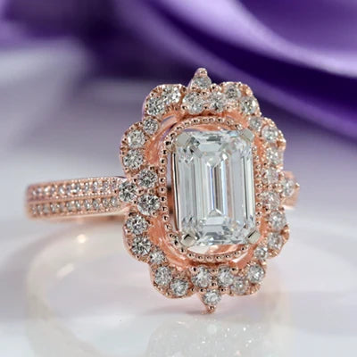 custom antique emerald halo rose gold lab diamond engagement ring