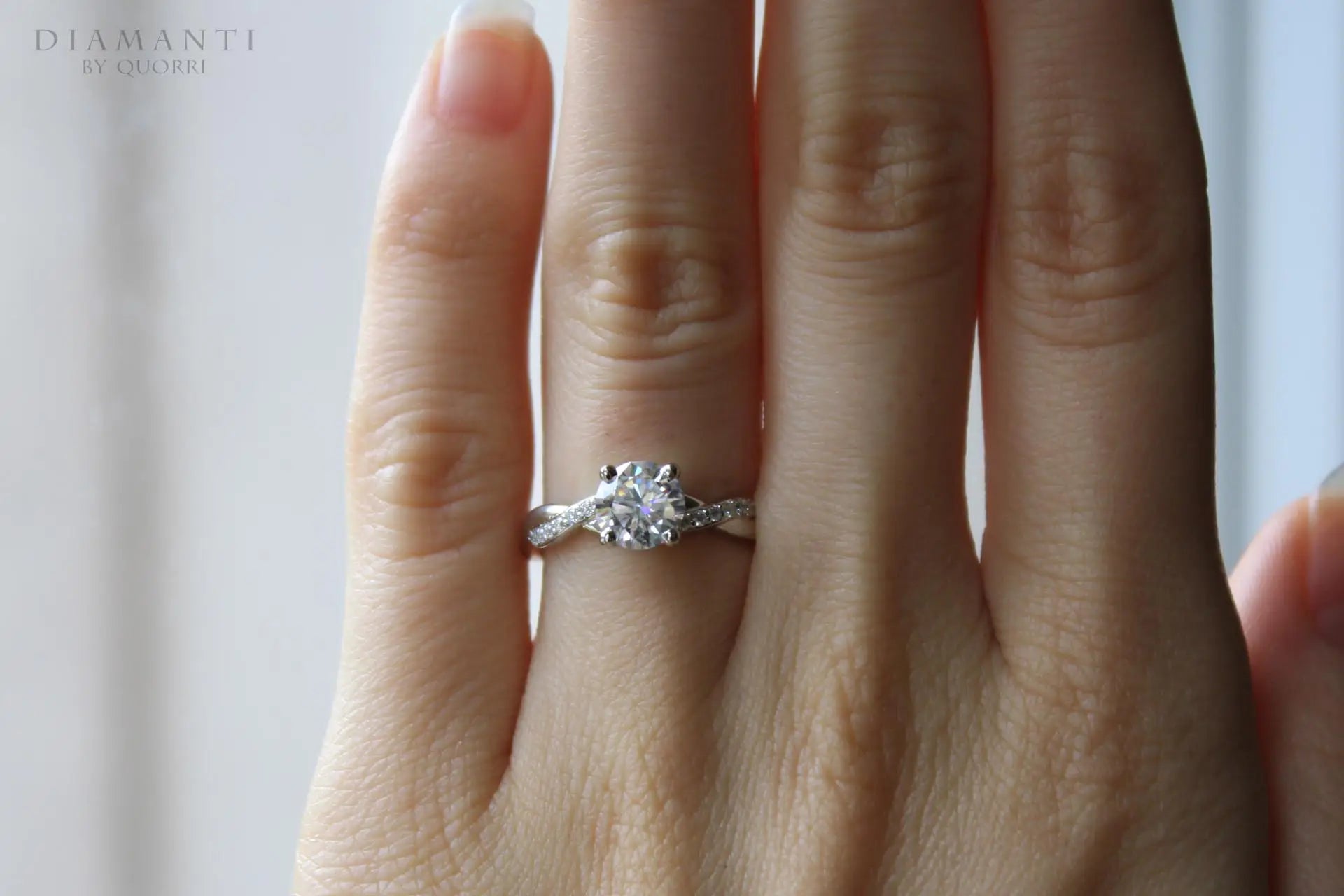 accented crisscross band 1.25 carat round lab made diamond engagement ring Quorri