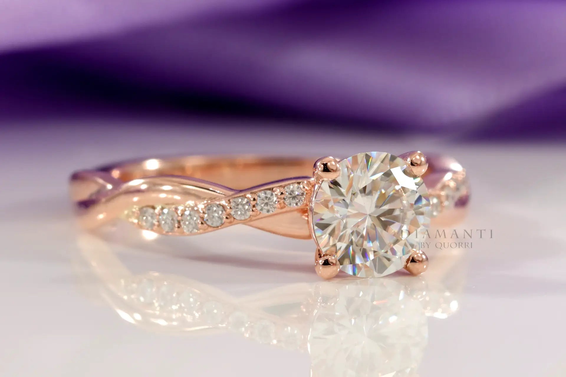 2 carat rose gold accented crisscross band round lab diamond engagement ring