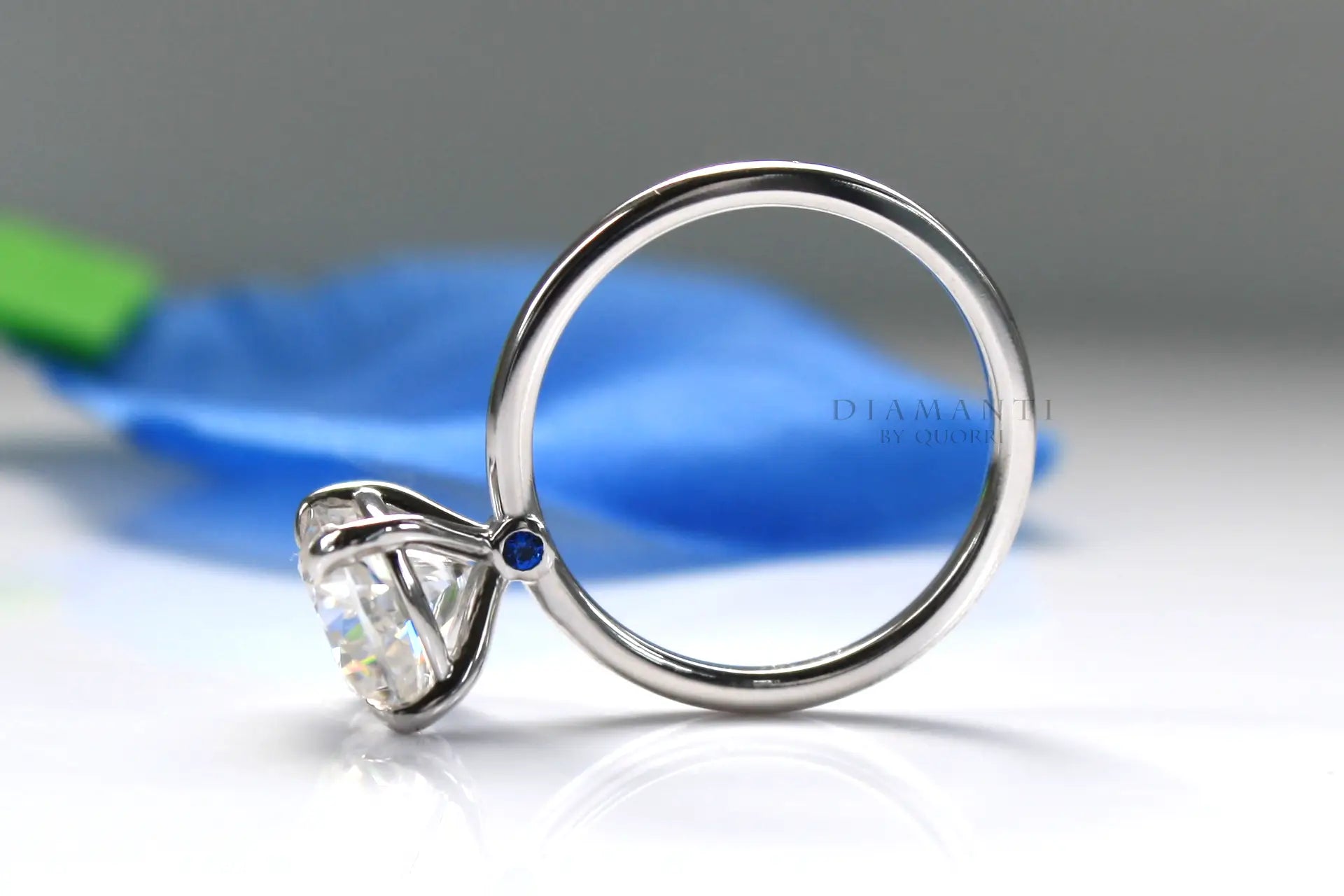 blue sapphire accented claw prong 14k white gold 2ct cushion lab diamond engagement ring Quorri 