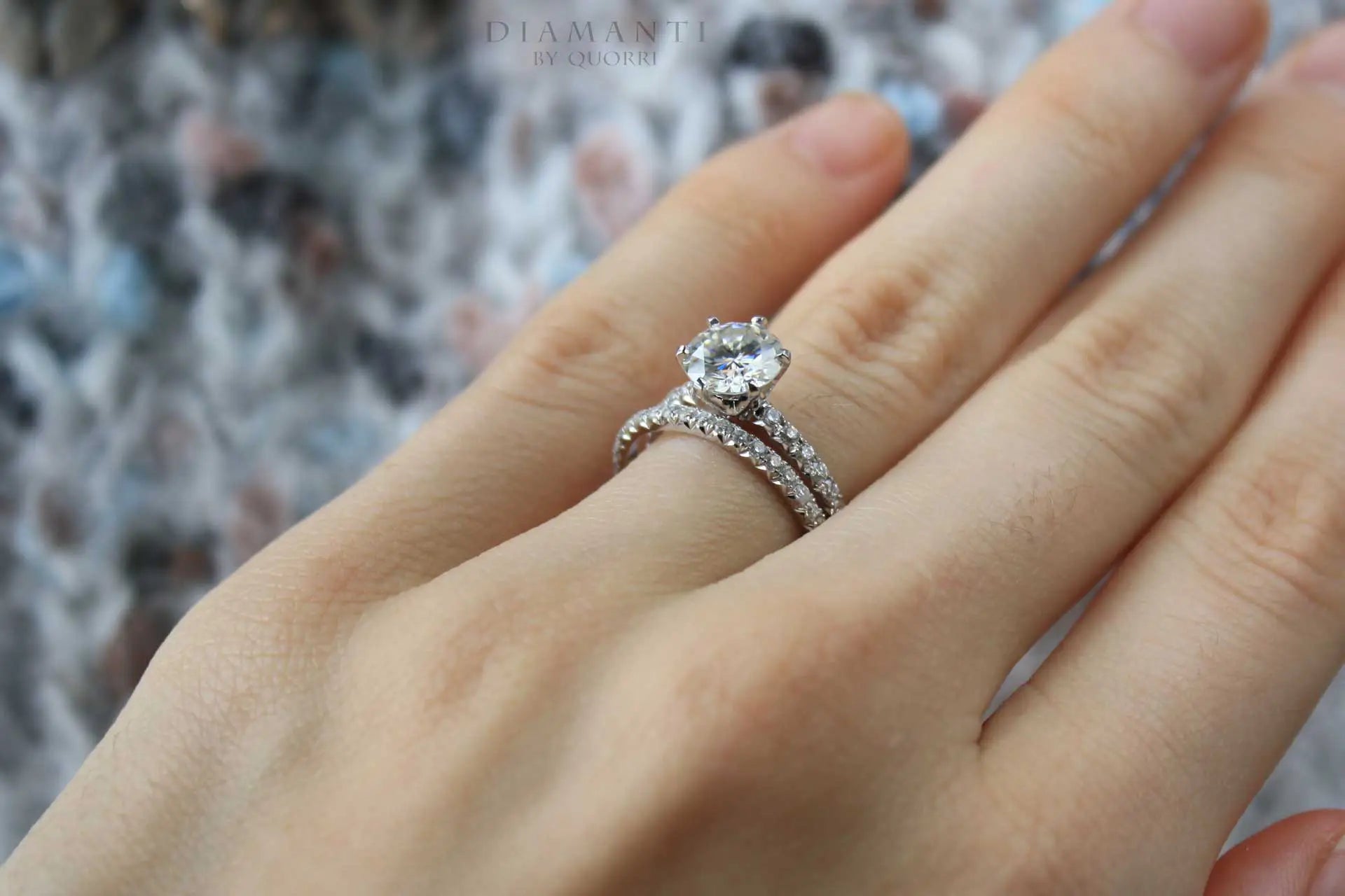 18k white gold affordable designer round lab diamond wedding ring and band Quorri