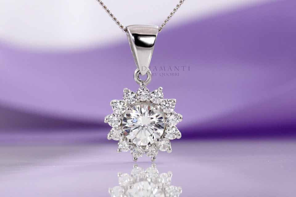 18k white gold round halo eternity lab diamond solitaire pendant Quorri