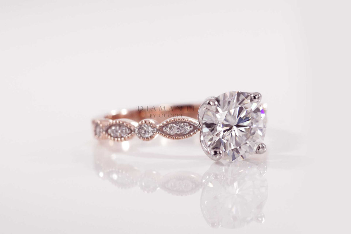 designer two-tone 14k rose gold millgrain round lab diamond engagement ring
