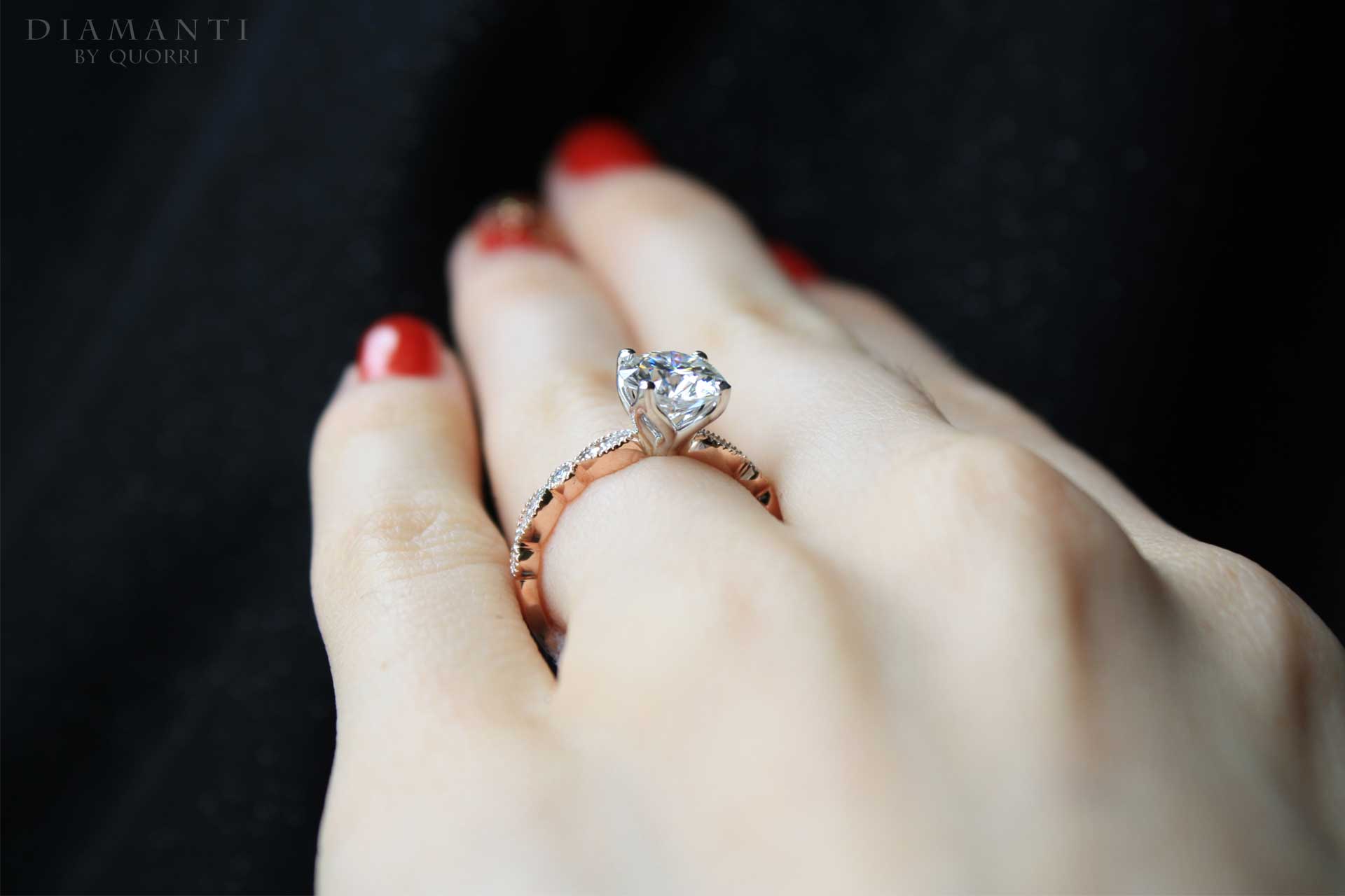 designer two-tone rose gold millgrain 1 carat round lab diamond engagement ring