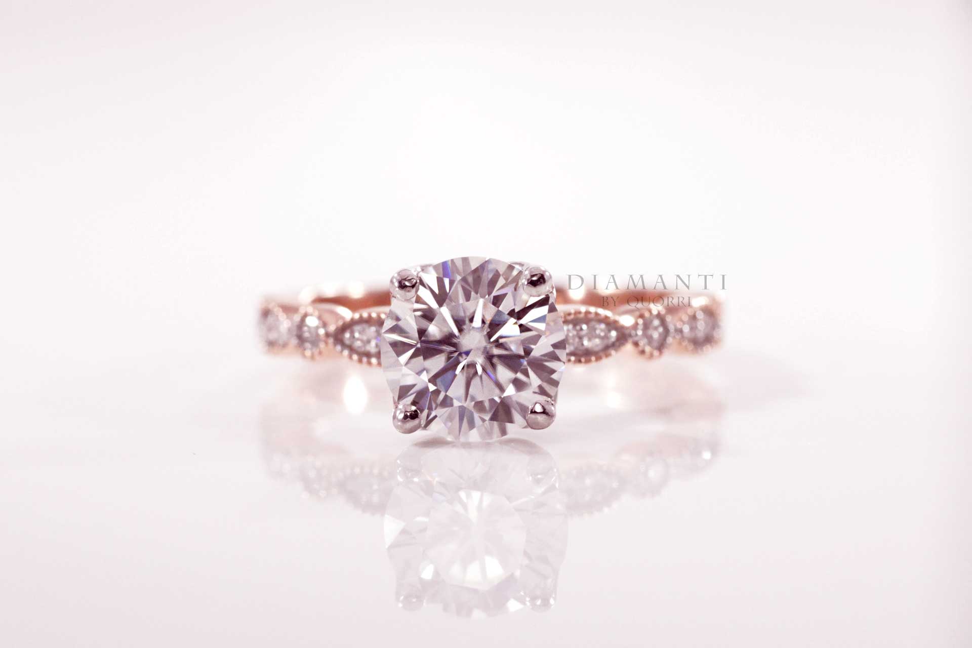 designer rose gold millgrain round lab diamond engagement ring