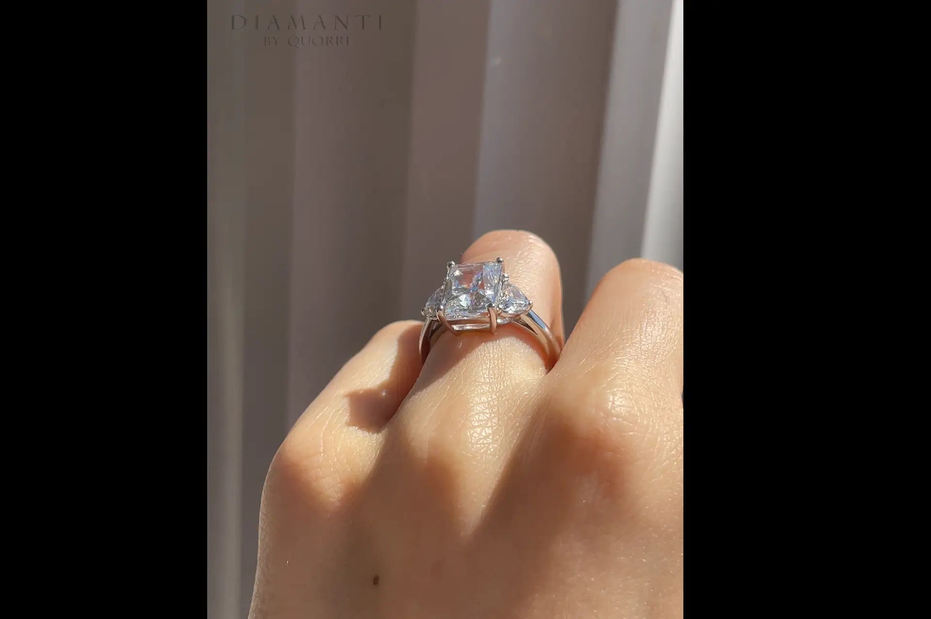 14k white gold designer three-stone 3 carat radiant and half moon lab diamond engagement ring Quorri Quebec