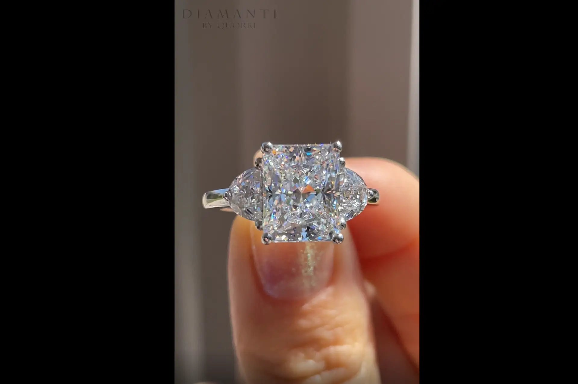 platinum designer three-stone 4.5 carat radiant and half moon lab grown diamond engagement ring Quorri Quebec