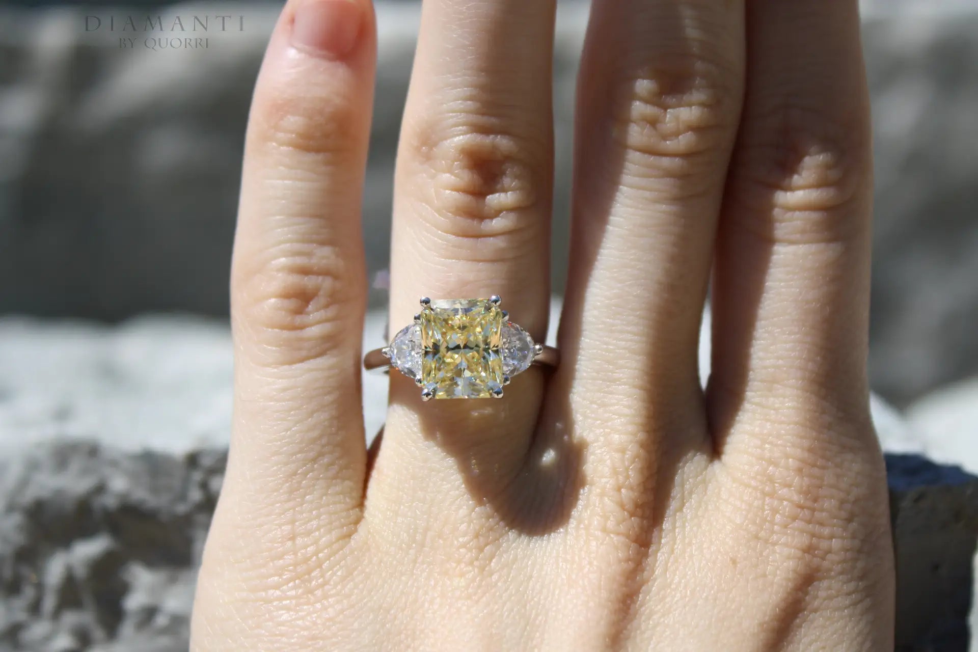 3 carat 18k white gold yellow sapphire radiant and half moon diamond engagement ring Quorri