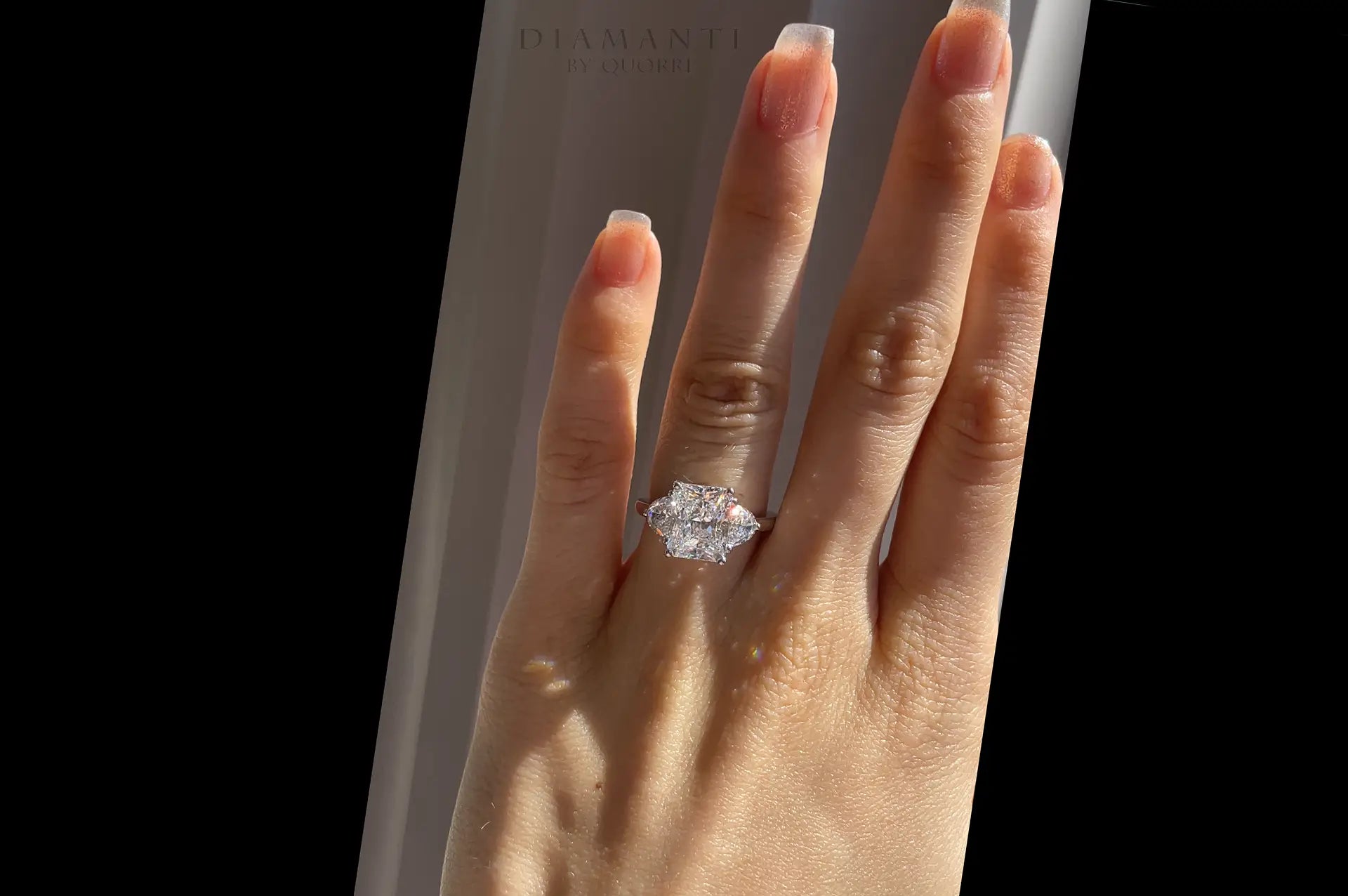 platinum designer three-stone 4 carat radiant and half moon lab created diamond engagement ring Quorri Toronto Canada