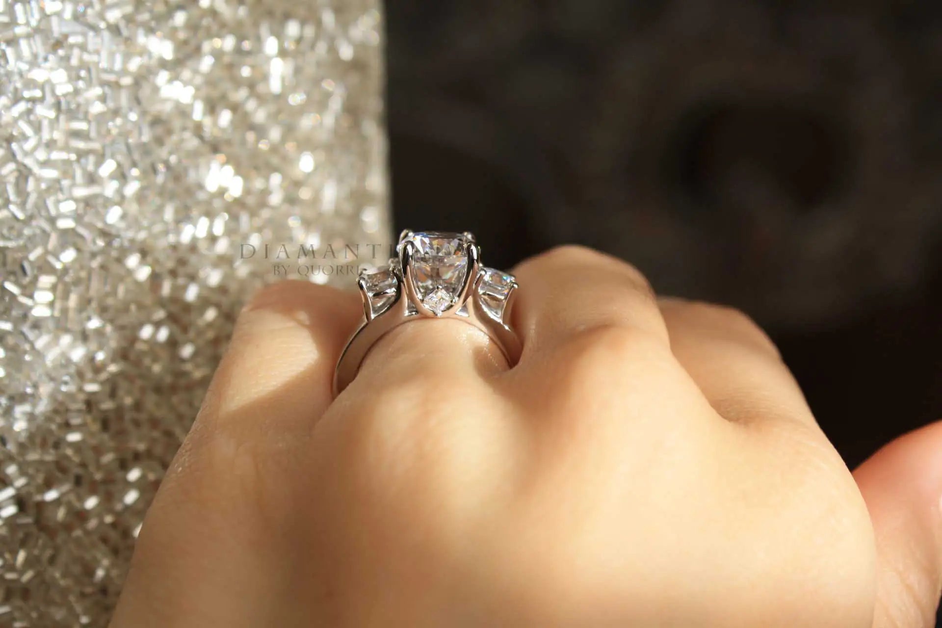 designer white gold three stone 1.25ct round brilliant lab grown diamond engagement ring Quorri