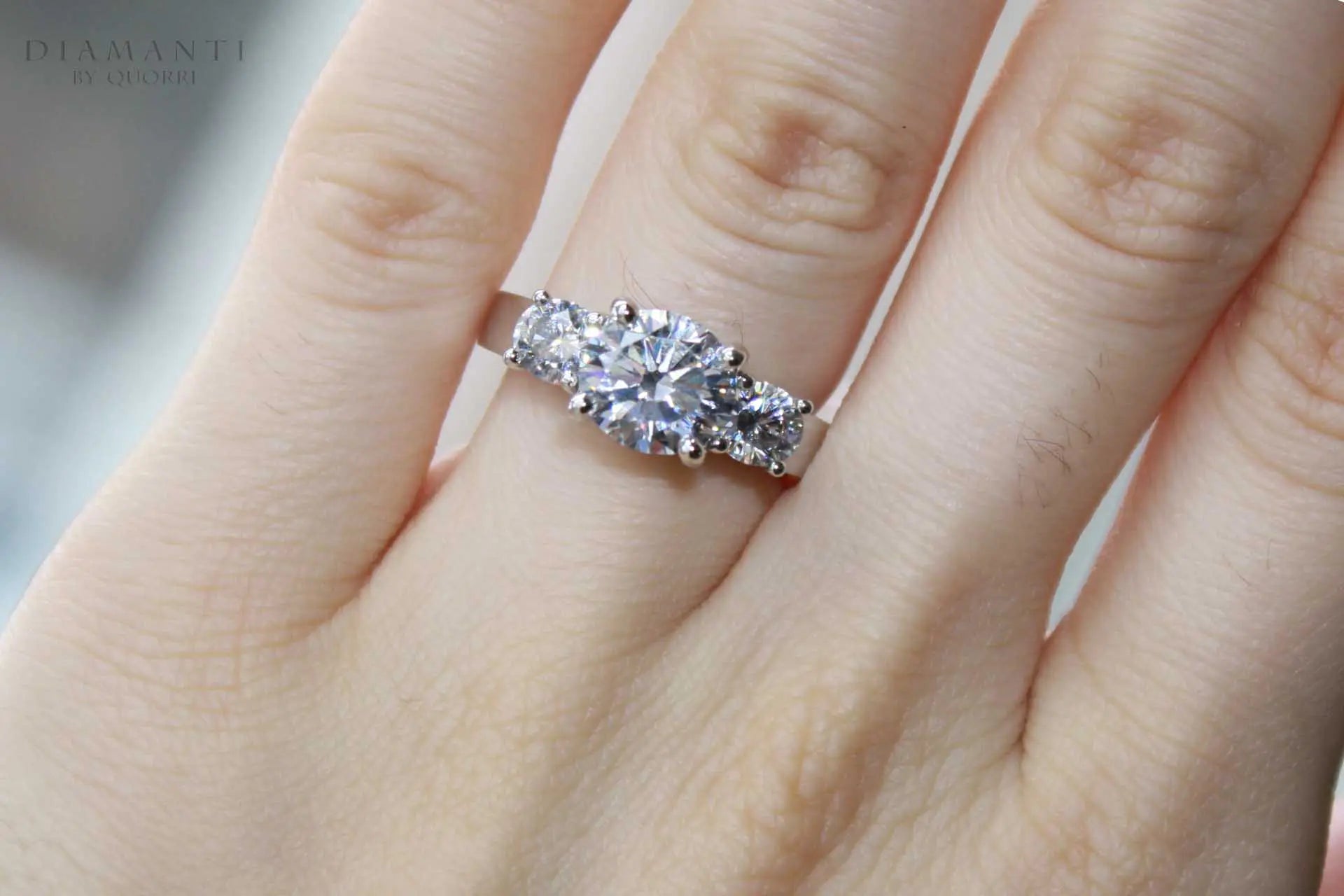 designer 18k white gold three stone 2 carat round brilliant lab created diamond engagement ring Quorri