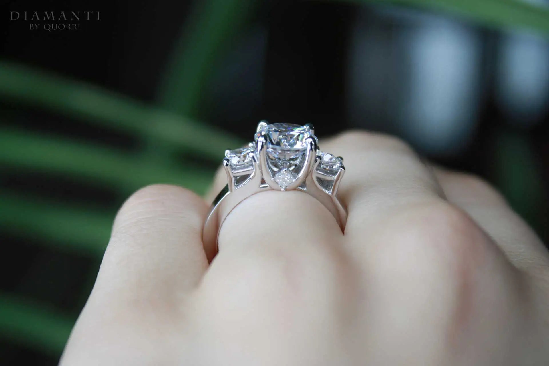 affordable low cost white gold three stone round brilliant lab grown diamond engagement ring Quorri