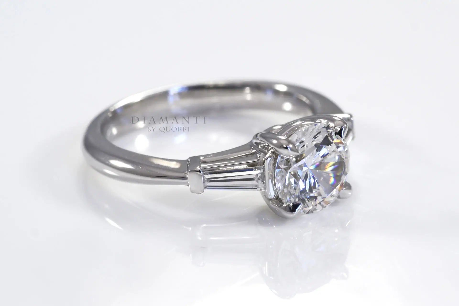 white gold three stone 2.5 carat round and baguette lab grown diamond engagement ring Quorri