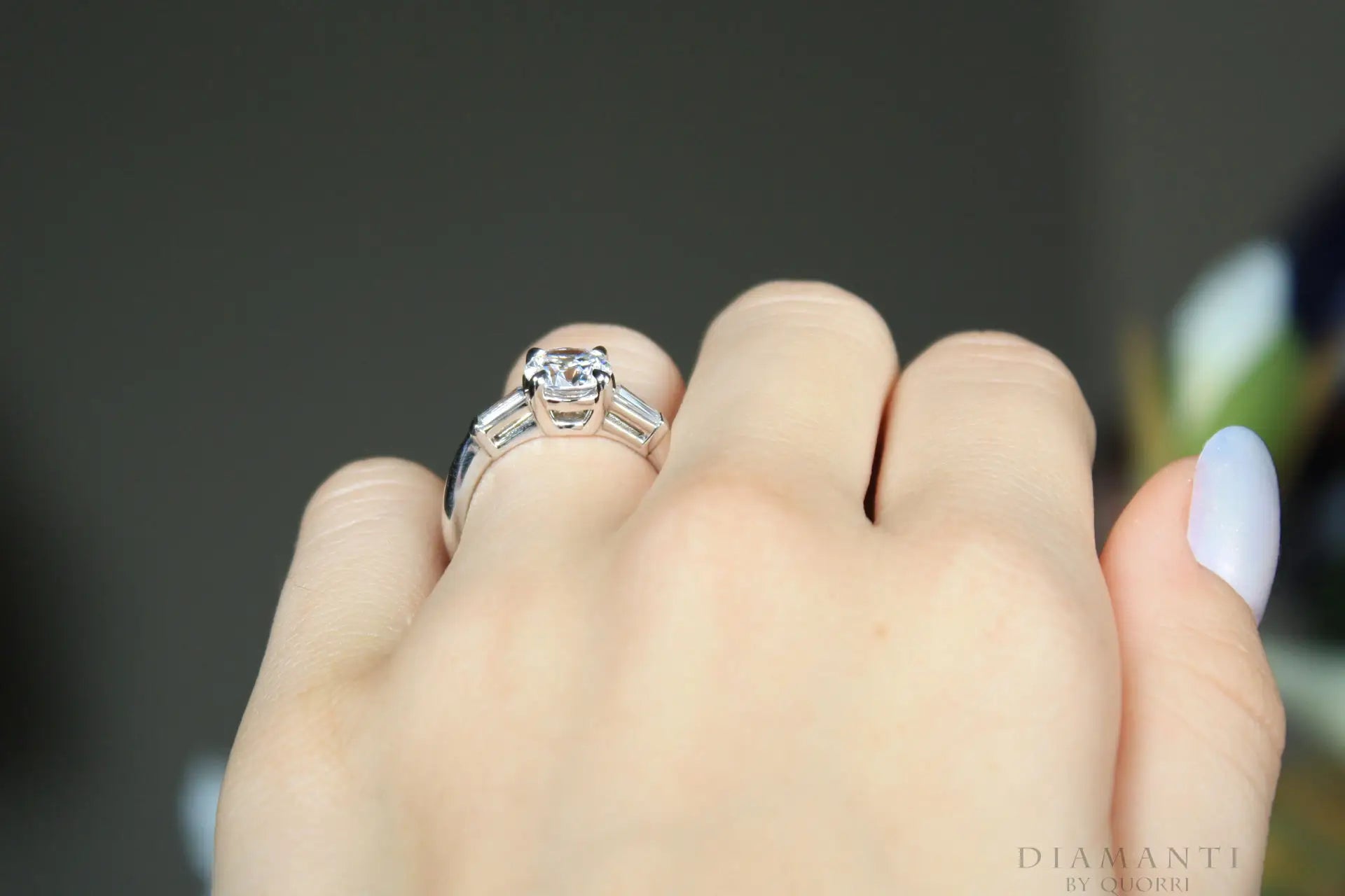 14kw white gold 2 carat three stone round and baguette lab created diamond engagement ring Quorri