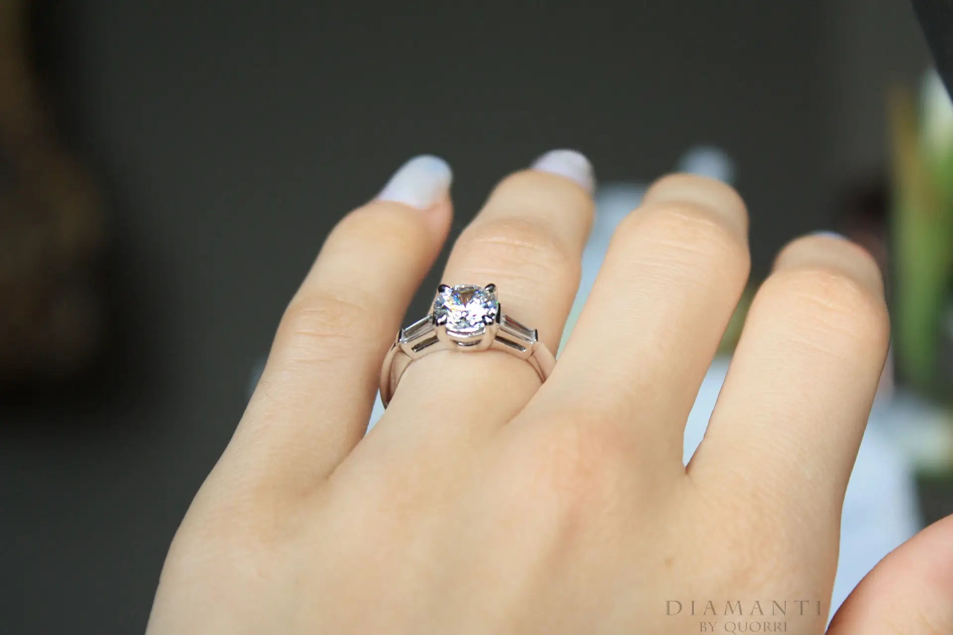 platinum three stone 1.5 carat round and baguette lab made diamond engagement ring Quorri