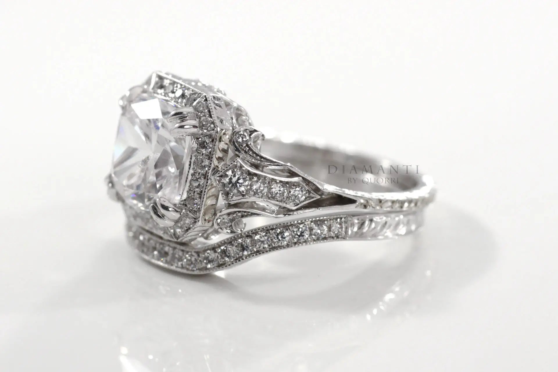 18k white gold antique affordable round lab diamond engagement and wedding band at Quorri