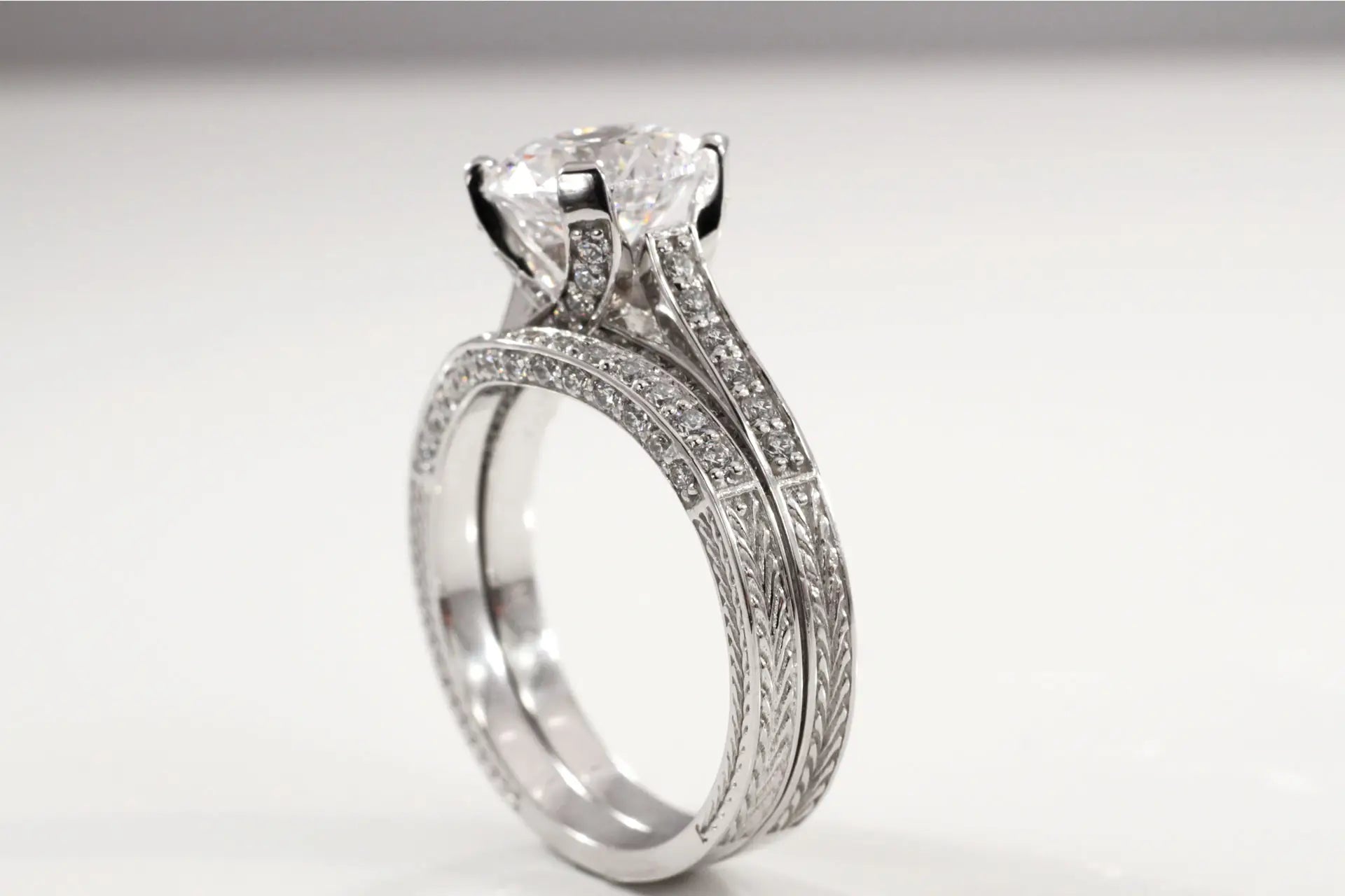 affordable antique round accented lab grown diamond engagement ring and wedding band at Quorri
