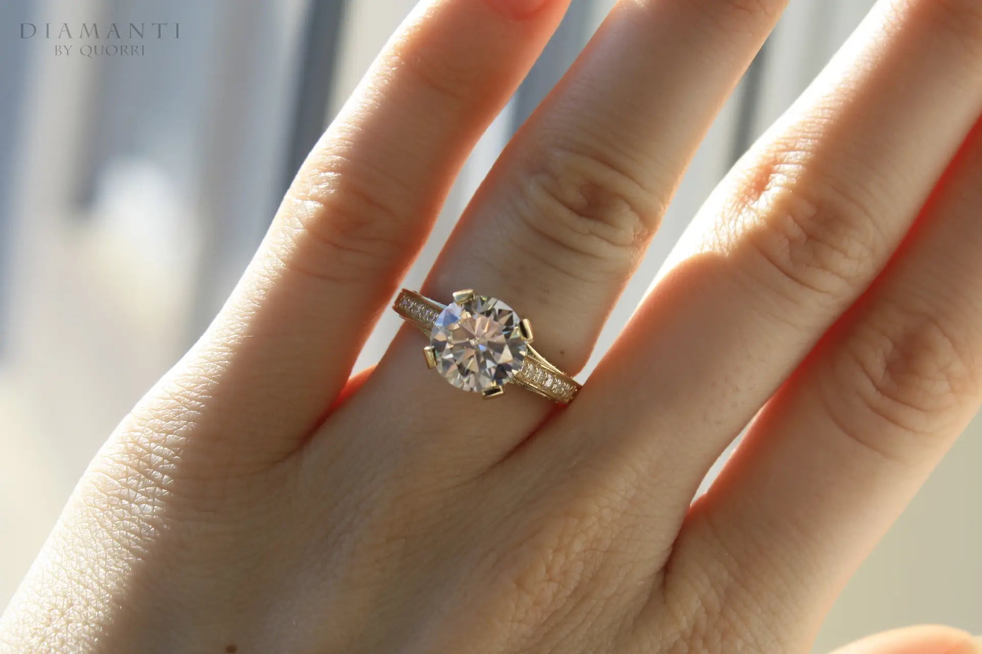 yellow gold hand scrolled accented 2 carat round lab grown diamond engagement ring Quorri