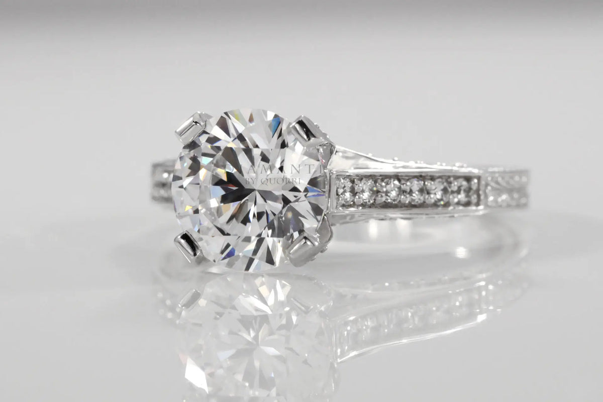 hand scrolled accented round lab diamond engagement ring