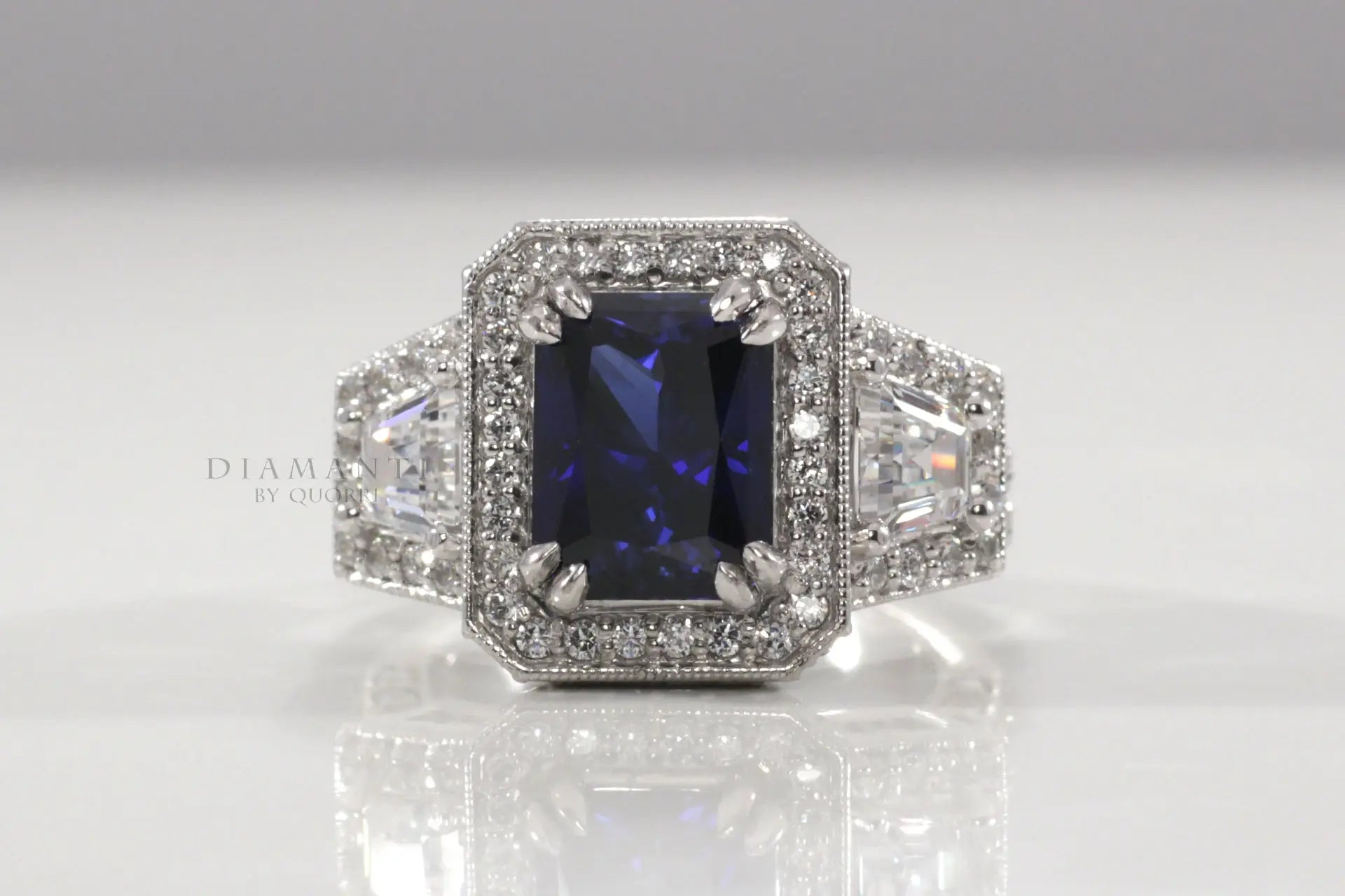 sapphire blue dual claw radiant halo 3 stone lab diamond engagement ring