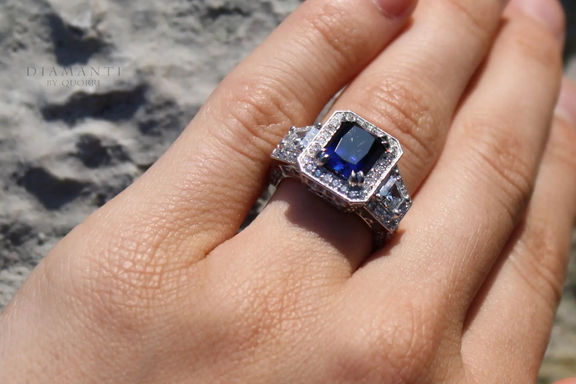blue sapphire dual claw 4ct radiant halo 3 stone lab diamond engagement ring